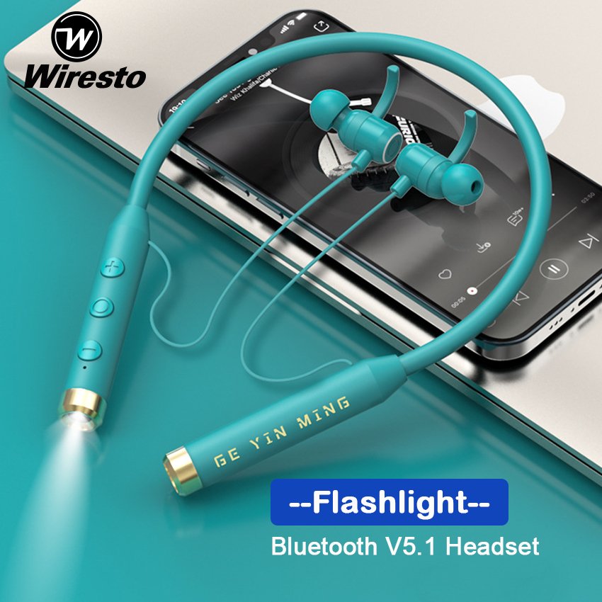 Bluetooth In-Ear Headphones With Flashlight Neck Hanging Magnetic Support TF Card